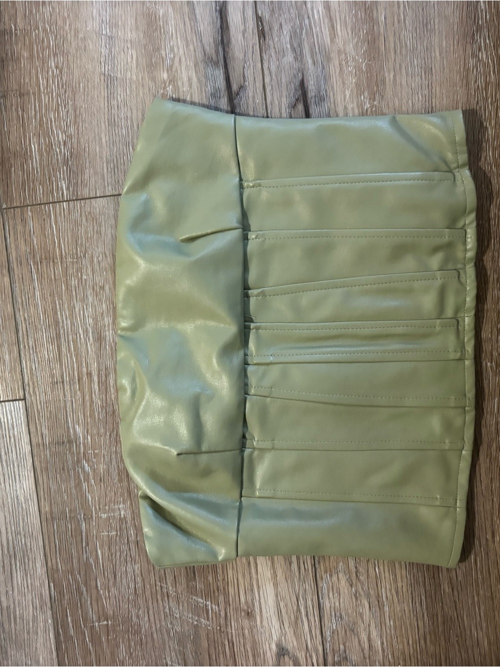 Olive Green Pleated Faux-Leather Mini Shirt
